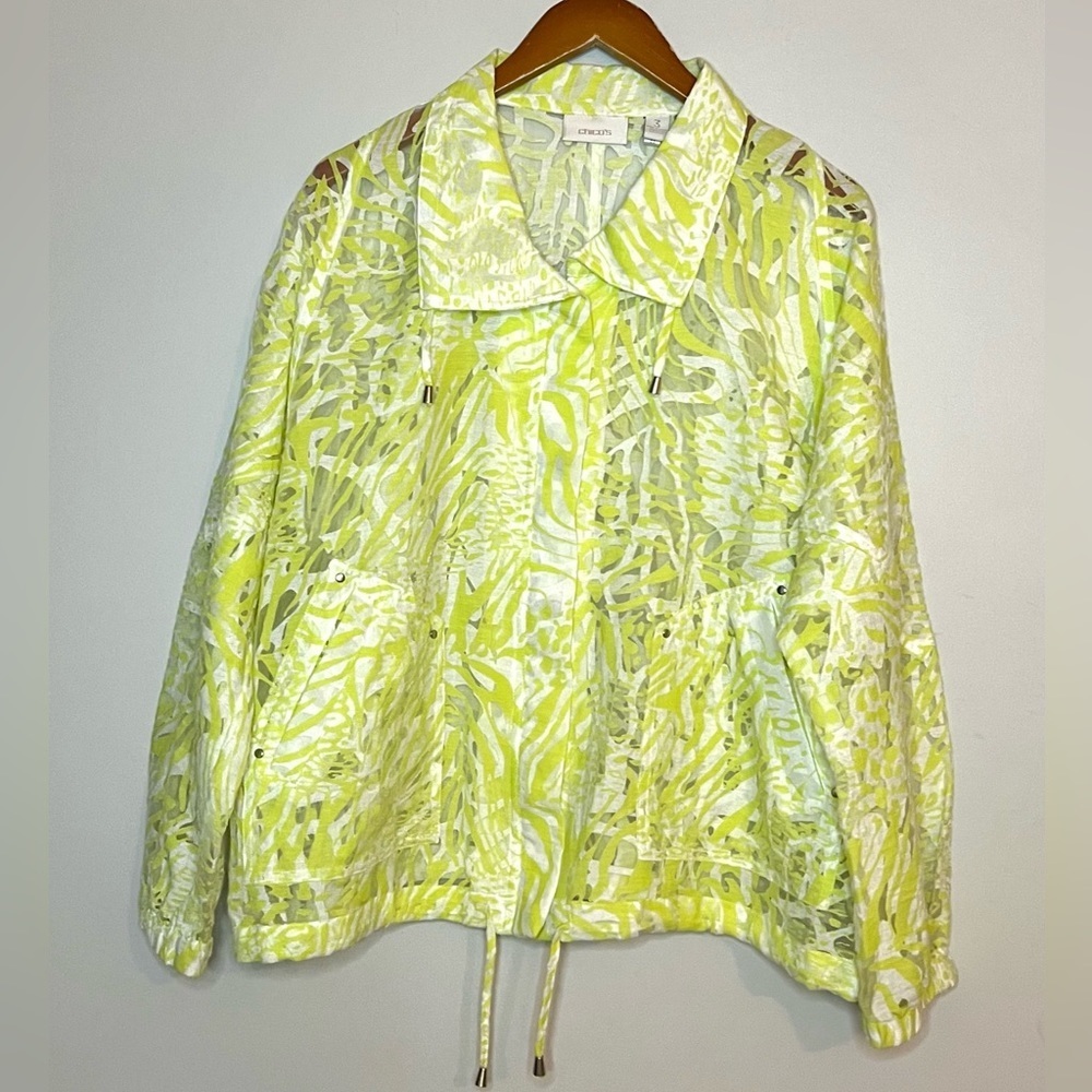 Chico’s Yellow/Green Zebra Print Sheer Mesh Burnout Jacket Sz XL